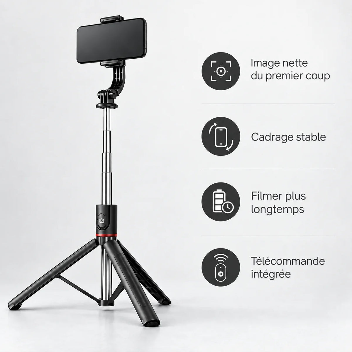 Trépied Téléphone 172 CM Noir | iPhone & Android | Rotation 360° & Grande Extension