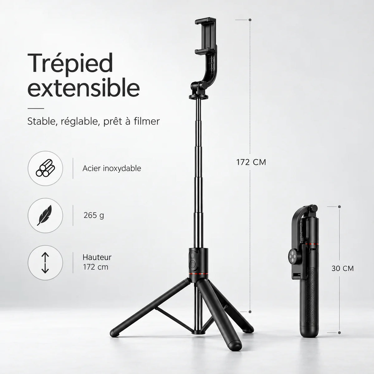 Trépied Téléphone 172 CM Noir | iPhone & Android | Rotation 360° & Grande Extension