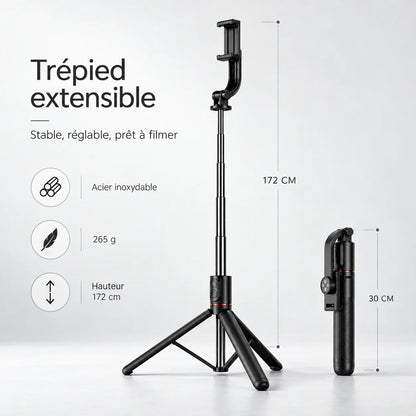Trépied Téléphone 172 CM Noir | iPhone & Android | Rotation 360° & Grande Extension