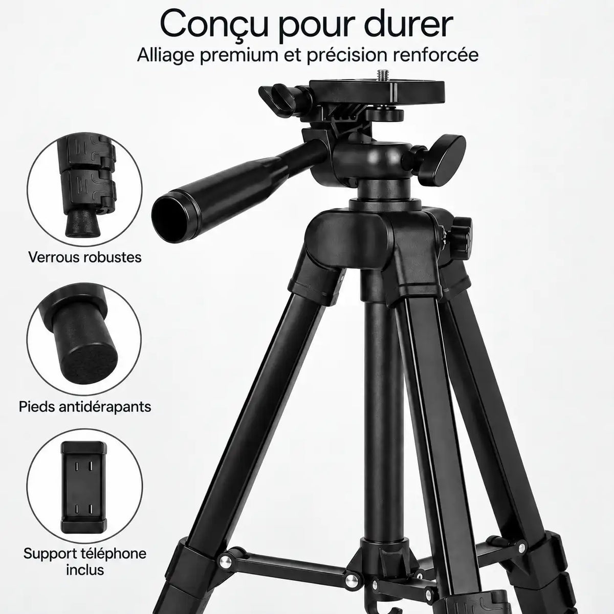 Trépied Appareil Photo 134 CM Noir Aluminium | Tête à Poignée 360°, Support Téléphone & Housse inclus