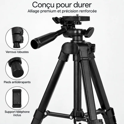 Trépied Appareil Photo 134 CM Noir Aluminium | Tête à Poignée 360°, Support Téléphone & Housse inclus