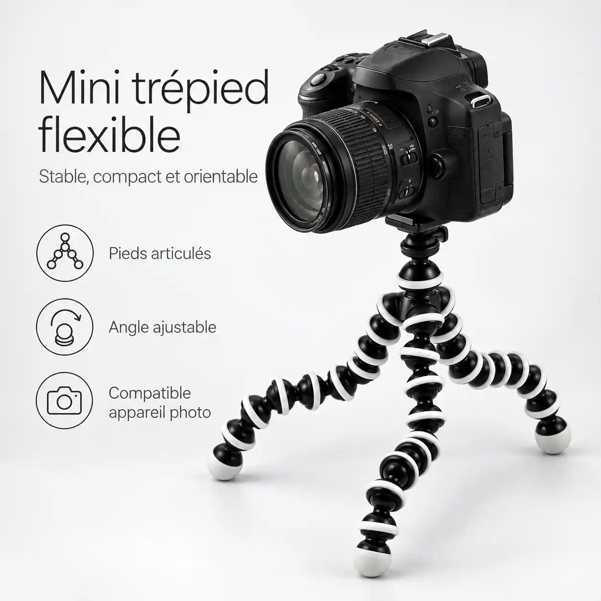 Trépied Flexible 24,5 CM Noir & Blanc | Reflex & Hybride | Vis 1/4 et 3/8 Pouce, Charge 3 KG