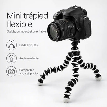 Trépied Flexible 24,5 CM Noir & Blanc | Reflex & Hybride | Vis 1/4 et 3/8 Pouce, Charge 3 KG