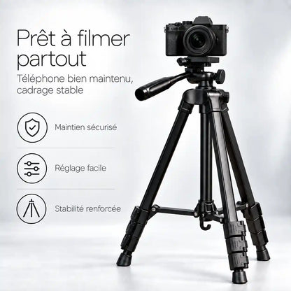 Trépied Appareil Photo 134 CM Noir Aluminium | Tête à Poignée 360°, Support Téléphone & Housse inclus