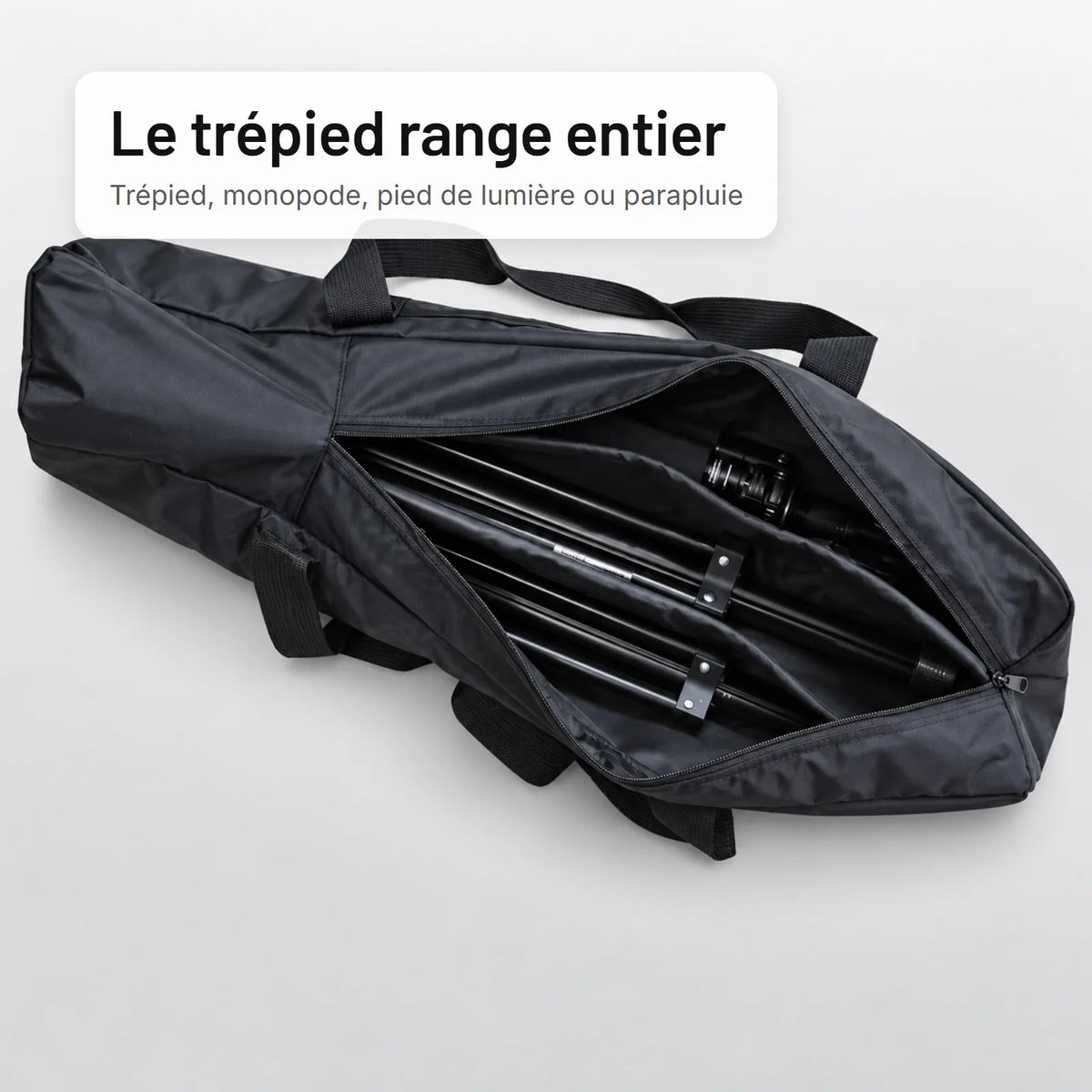 Housse trépied nylon, ouverte avec un trépied replié à l'intérieur
