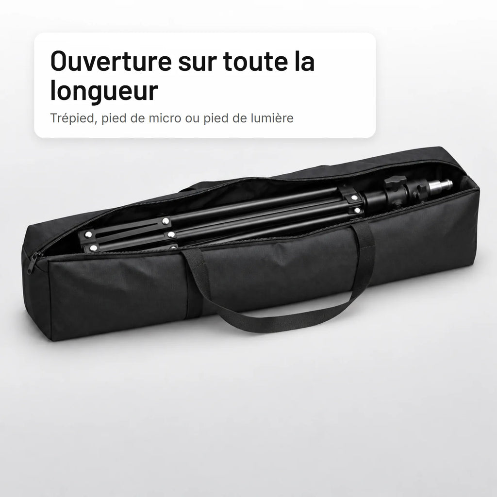 Housse trépied pliable, ouverte avec un pied de lumière à l'intérieur