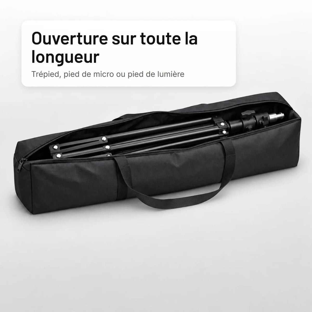 Housse trépied pliable, ouverte avec un pied de lumière à l'intérieur