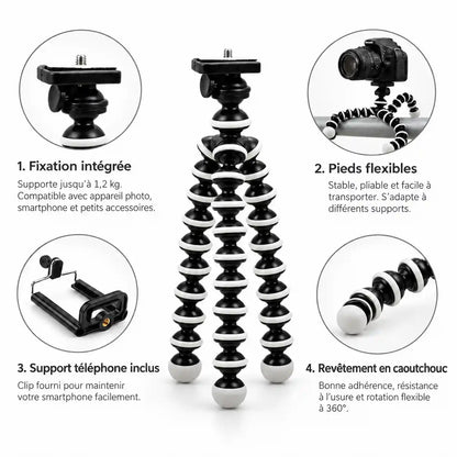 Trépied Flexible 24,5 CM Noir & Blanc | Reflex & Hybride | Vis 1/4 et 3/8 Pouce, Charge 3 KG