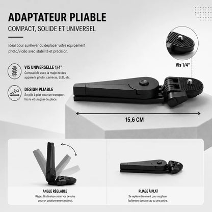 Infographie adaptateur pliable noir compact solide et universel 15,6 cm : vis universelle 1/4, design pliable se plie à plat - angle réglable et pliage à plat