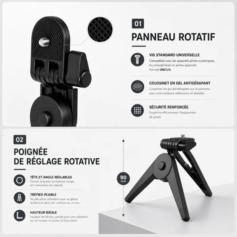 Infographie détails mini trépied adaptateur pliable noir : panneau rotatif avec vis standard universelle, coussinet gel antidérapant, sécurité renforcée - poignée de réglage rotative, tête et angle réglables, trépied pliable, hauteur idéale 90 mm