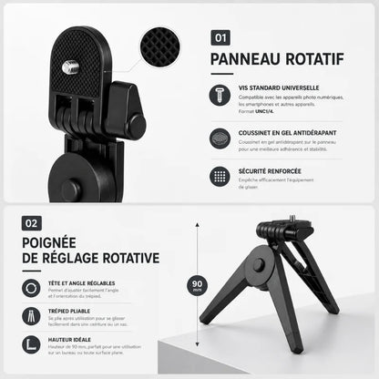 Infographie détails mini trépied adaptateur pliable noir : panneau rotatif avec vis standard universelle, coussinet gel antidérapant, sécurité renforcée - poignée de réglage rotative, tête et angle réglables, trépied pliable, hauteur idéale 90 mm