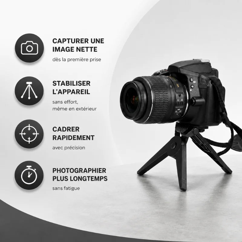 Mini trépied pliable noir avec appareil photo reflex DSLR monté en haut - infographie 4 usages : capturer une image nette des la première prise, stabiliser l appareil sans effort meme en exterieur, cadrer rapidement avec précision, photographier plus longtemps sans fatigue