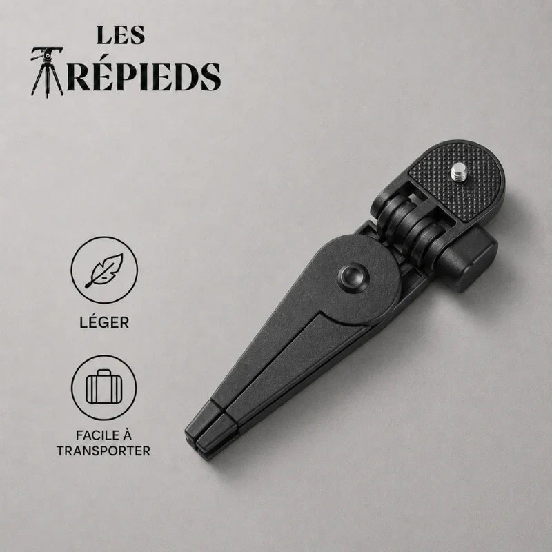 Mini trépied adaptateur pliable noir replié à plat sur fond gris - logo Les Trépieds - infographie : léger, facile a transporter
