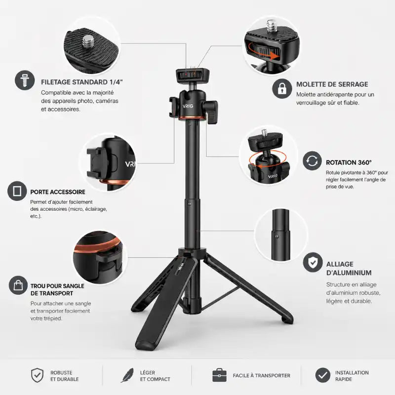 Zoom sur les composants du mini trépied Vrig : filetage 1/4, molette de serrage, porte-accessoire, rotation 360 degrés, alliage aluminium, installation rapide