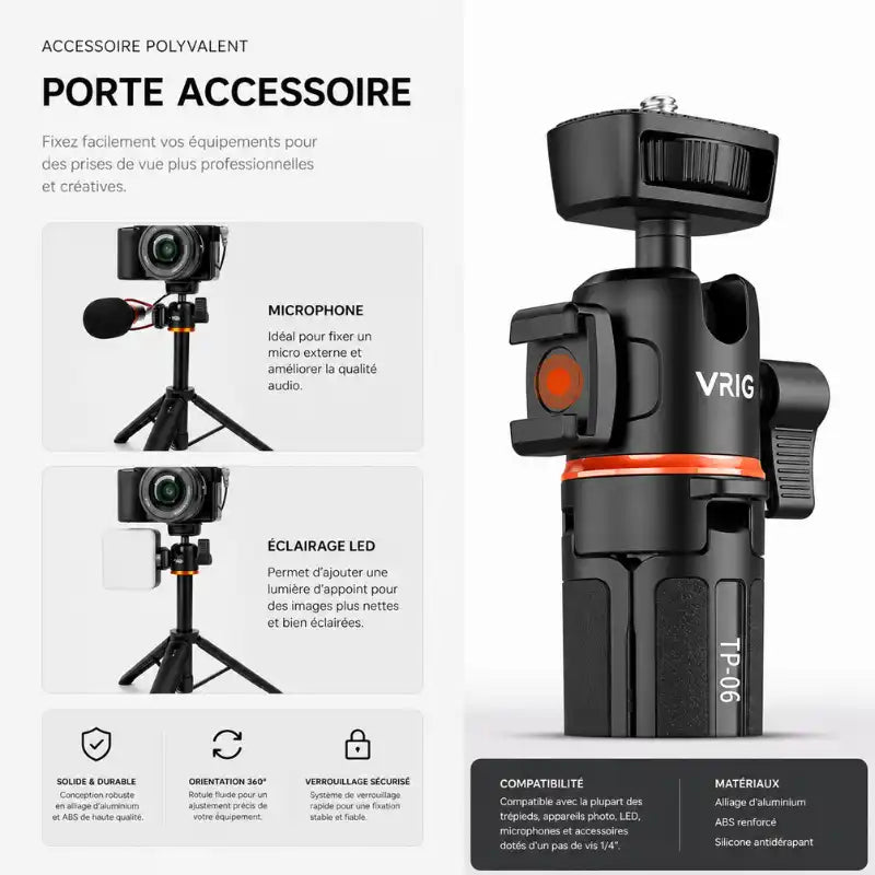 Infographie porte-accessoire du mini trépied Vrig : compatible microphone et éclairage LED, orientation 360 degrés, verrouillage sécurisé