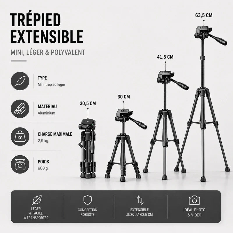 Infographie mini trépied aluminium noir : 4 hauteurs de 30,5 cm à 63,5 cm, charge max 2,9 kg, poids 600 g, idéal photo et vidéo