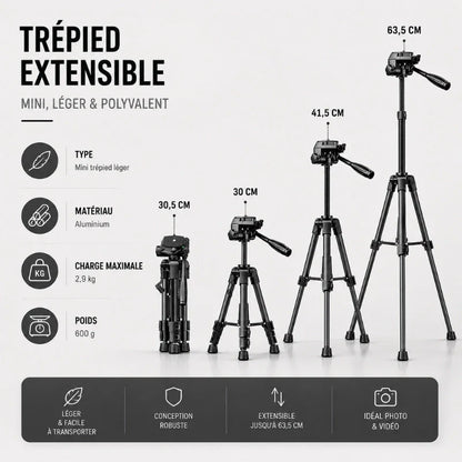 Infographie mini trépied aluminium noir : 4 hauteurs de 30,5 cm à 63,5 cm, charge max 2,9 kg, poids 600 g, idéal photo et vidéo