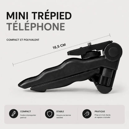 Infographie mini trépied téléphone noir 16,5 cm compact et polyvalent - 3 avantages : compact et facile a transporter, stable, pratique prise en main facile et rapide a installer