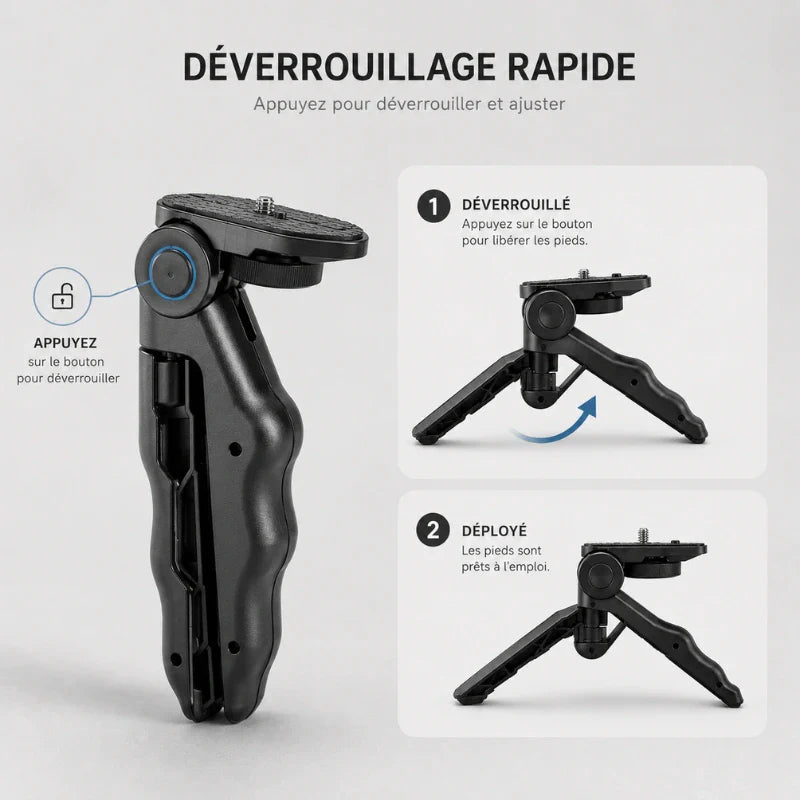 Infographie système déverrouillage rapide mini trépied noir : appuyer sur le bouton pour liberer les pieds - étape 1 debloque et étape 2 déployé