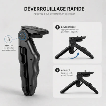 Infographie système déverrouillage rapide mini trépied noir : appuyer sur le bouton pour liberer les pieds - étape 1 debloque et étape 2 déployé