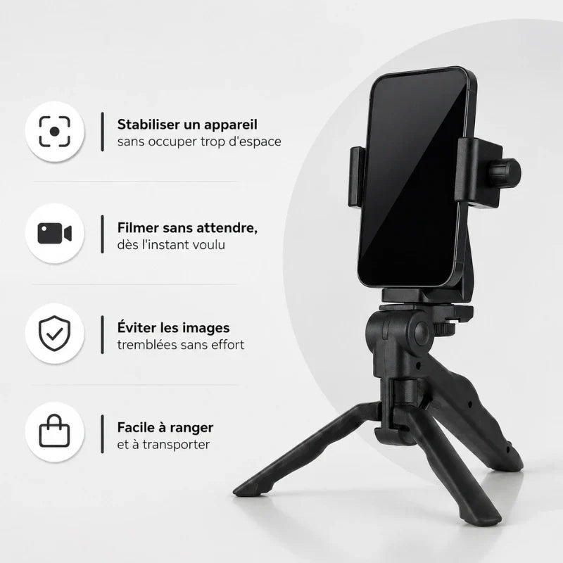 Mini trépied téléphone pliable noir avec smartphone en pince noire verticale - infographie 4 usages : stabiliser un appareil, filmer sans attendre, eviter les images tremblees, facile a ranger et transporter