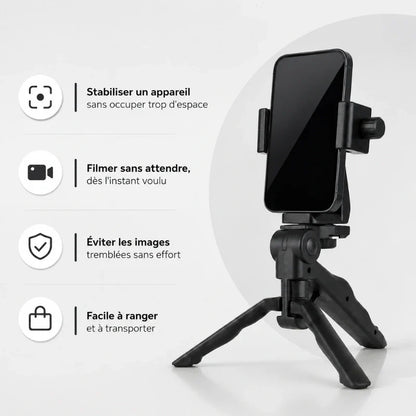 Mini trépied téléphone pliable noir avec smartphone en pince noire verticale - infographie 4 usages : stabiliser un appareil, filmer sans attendre, eviter les images tremblees, facile a ranger et transporter