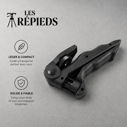 Mini trépied téléphone noir replié à plat sur fond gris - logo Les Trépieds - infographie : léger et compact, solide et fiable