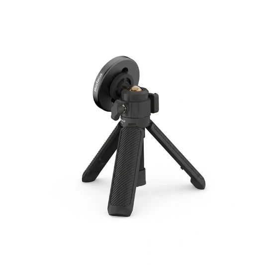 Mini trépied magnétique noir 30 cm avec disque magnétique rond, rotule centrale et poignée striée noire sur fond blanc