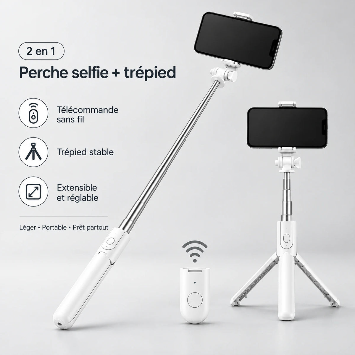 Mini Trépied Téléphone 70 CM Blanc - réglage et fixation du trépied pour téléphone, iPhone & Android, Perche Selfie & Télécommande Bluetooth