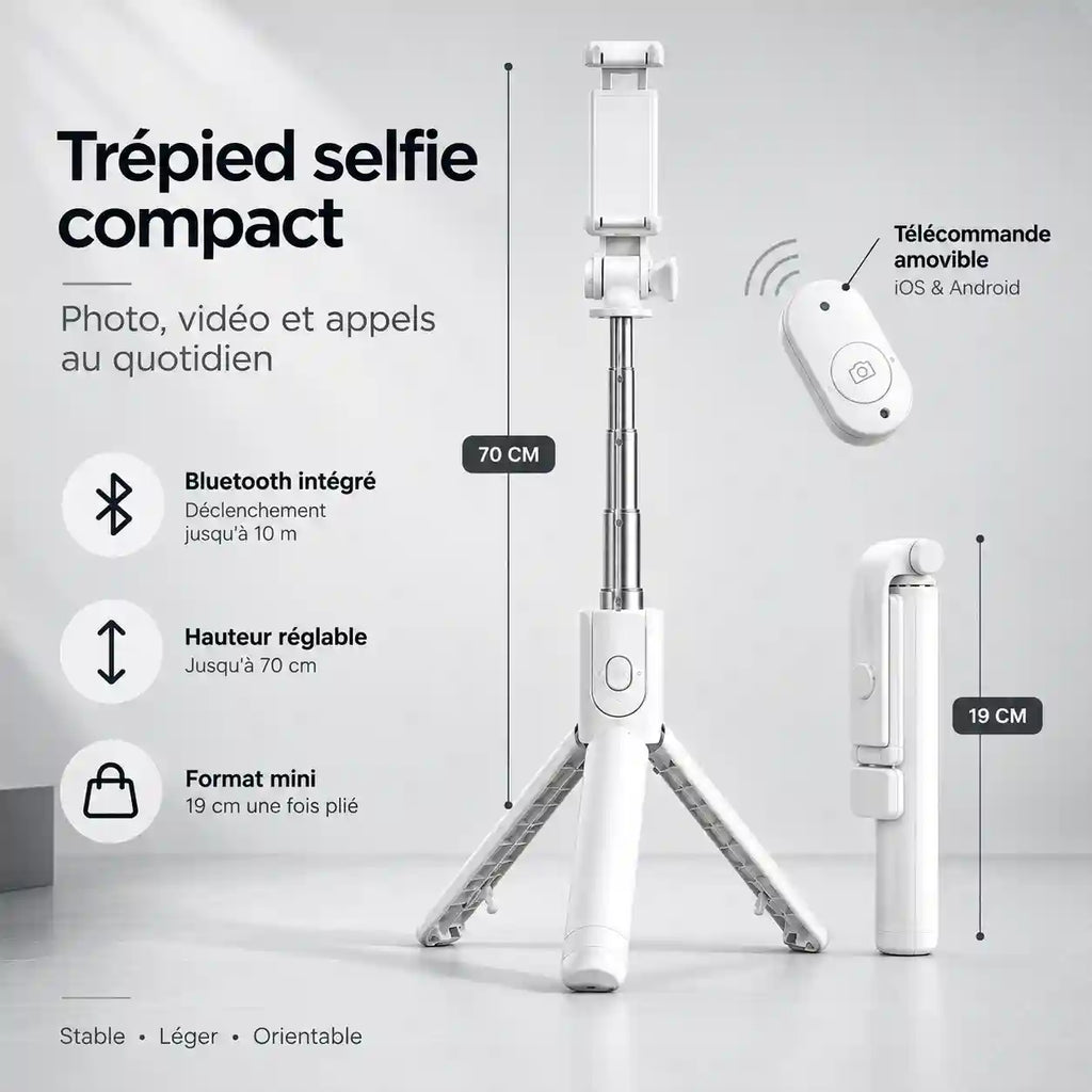 Mini Trépied Téléphone 70 CM Blanc - vue de détail du trépied pour téléphone, iPhone & Android, Perche Selfie & Télécommande Bluetooth