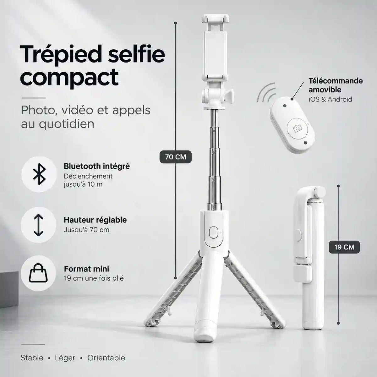 Mini Trépied Téléphone 70 CM Blanc - vue de détail du trépied pour téléphone, iPhone & Android, Perche Selfie & Télécommande Bluetooth