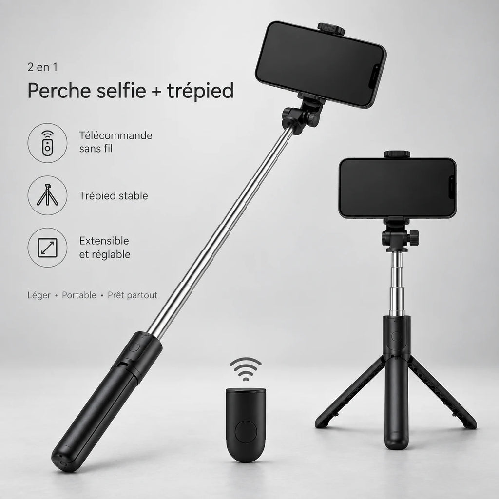 Mini Trépied Téléphone 70 CM Noir - réglage et fixation du trépied pour téléphone, iPhone & Android, Perche Selfie & Télécommande Bluetooth