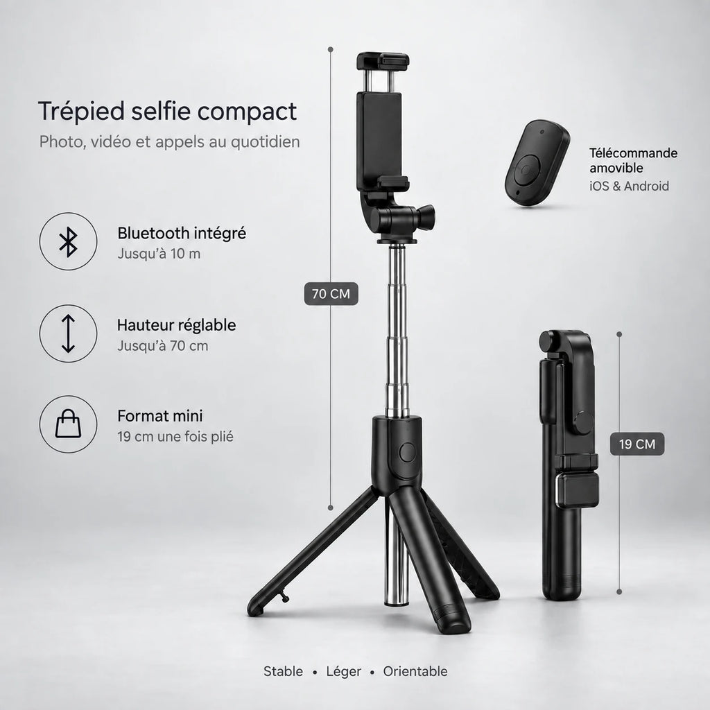 Mini Trépied Téléphone 70 CM Noir - vue de détail du trépied pour téléphone, iPhone & Android, Perche Selfie & Télécommande Bluetooth