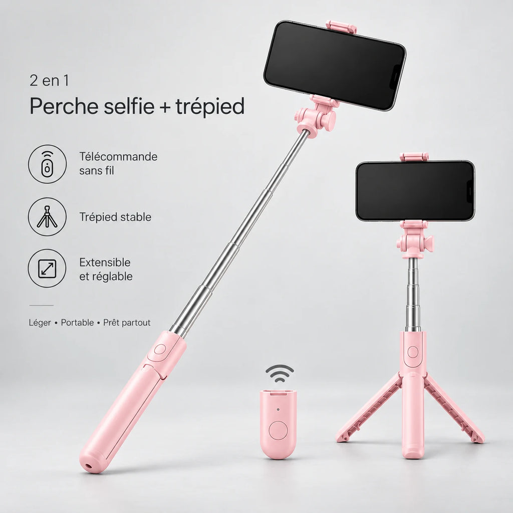 Mini Trépied Téléphone 70 CM Rose - réglage et fixation du trépied pour téléphone, iPhone & Android, Perche Selfie & Télécommande Bluetooth