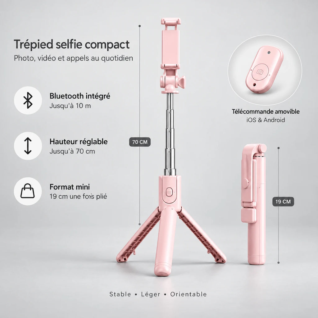 Mini Trépied Téléphone 70 CM Rose - vue de détail du trépied pour téléphone, iPhone & Android, Perche Selfie & Télécommande Bluetooth