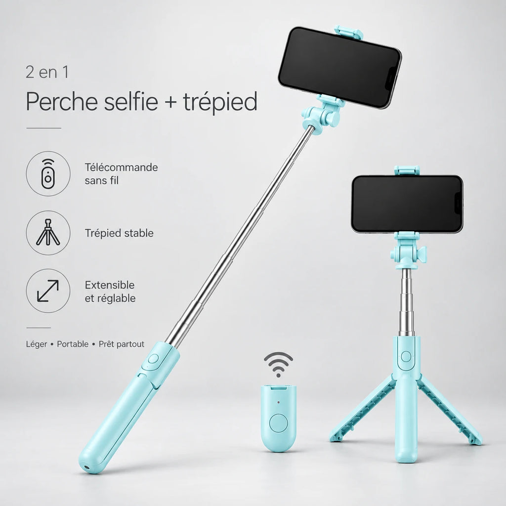 Mini Trépied Téléphone 70 CM Turquoise - réglage et fixation du trépied pour téléphone, iPhone & Android, Perche Selfie & Télécommande Bluetooth