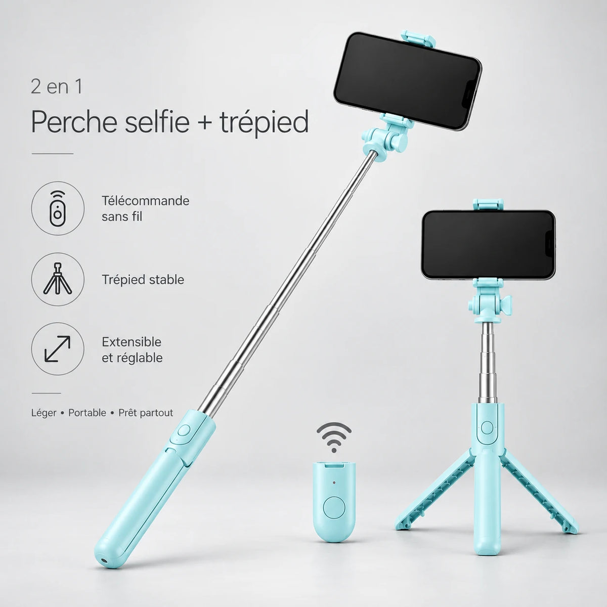 Mini Trépied Téléphone 70 CM Turquoise - réglage et fixation du trépied pour téléphone, iPhone & Android, Perche Selfie & Télécommande Bluetooth