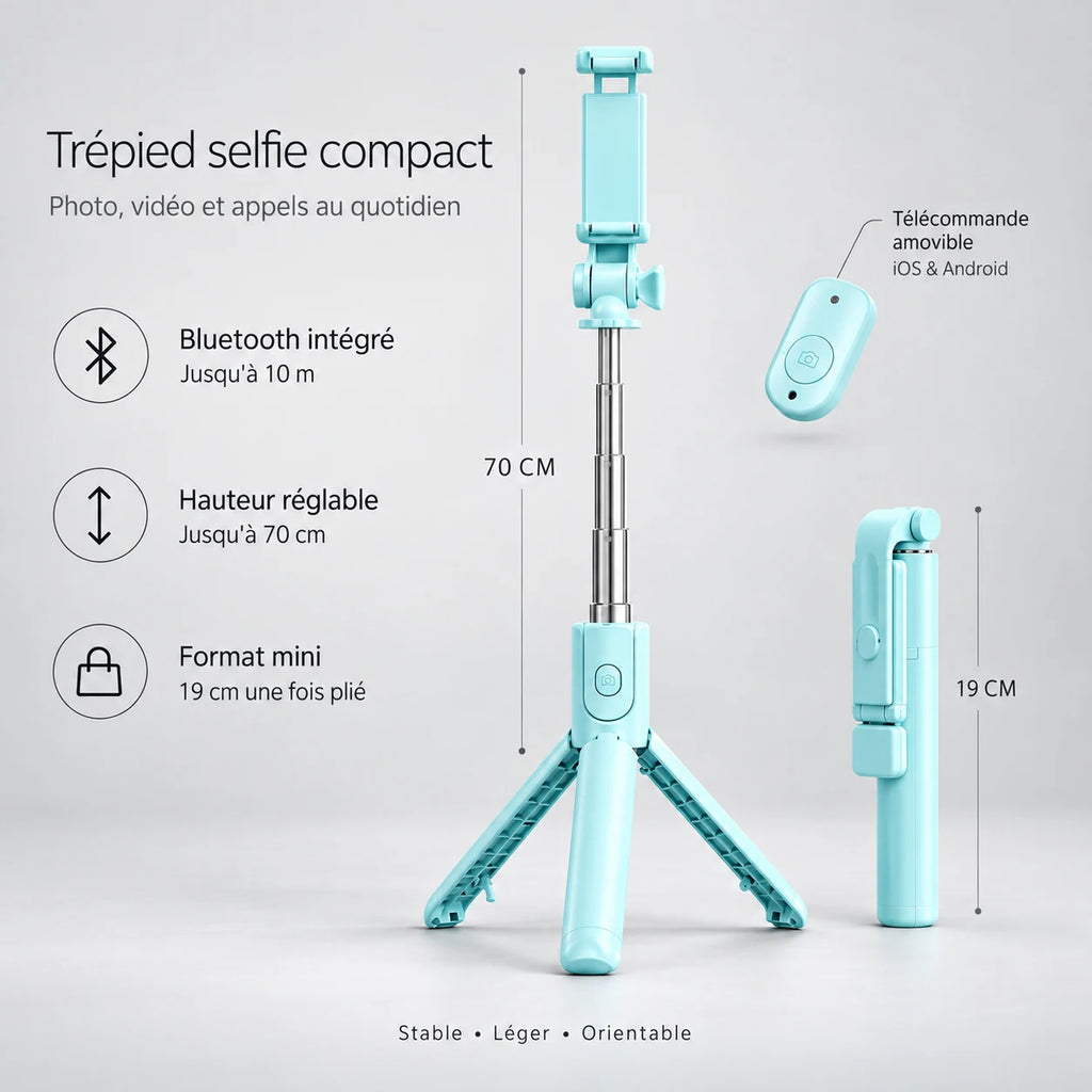 Mini Trépied Téléphone 70 CM Turquoise - vue de détail du trépied pour téléphone, iPhone & Android, Perche Selfie & Télécommande Bluetooth