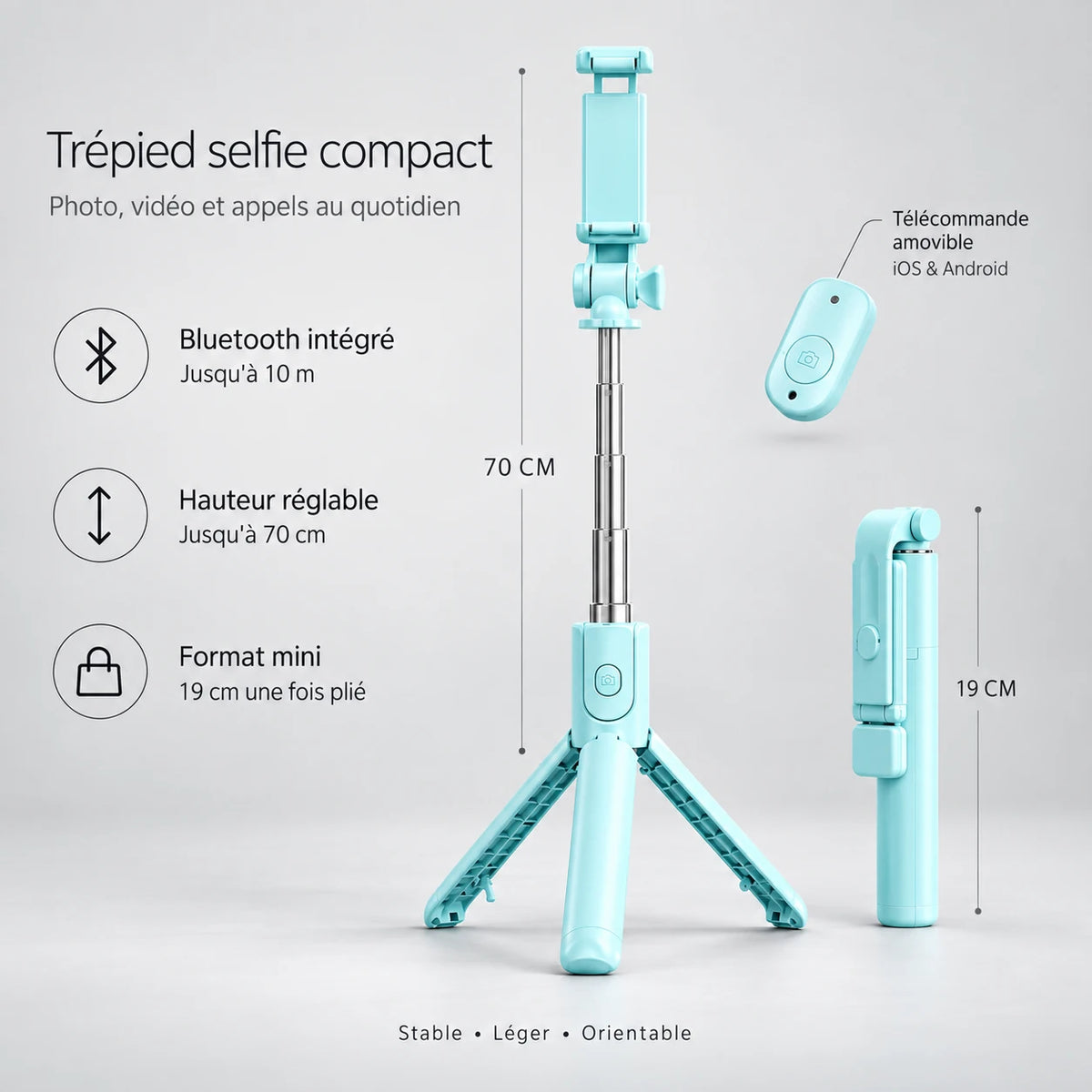 Mini Trépied Téléphone 70 CM Turquoise - vue de détail du trépied pour téléphone, iPhone & Android, Perche Selfie & Télécommande Bluetooth