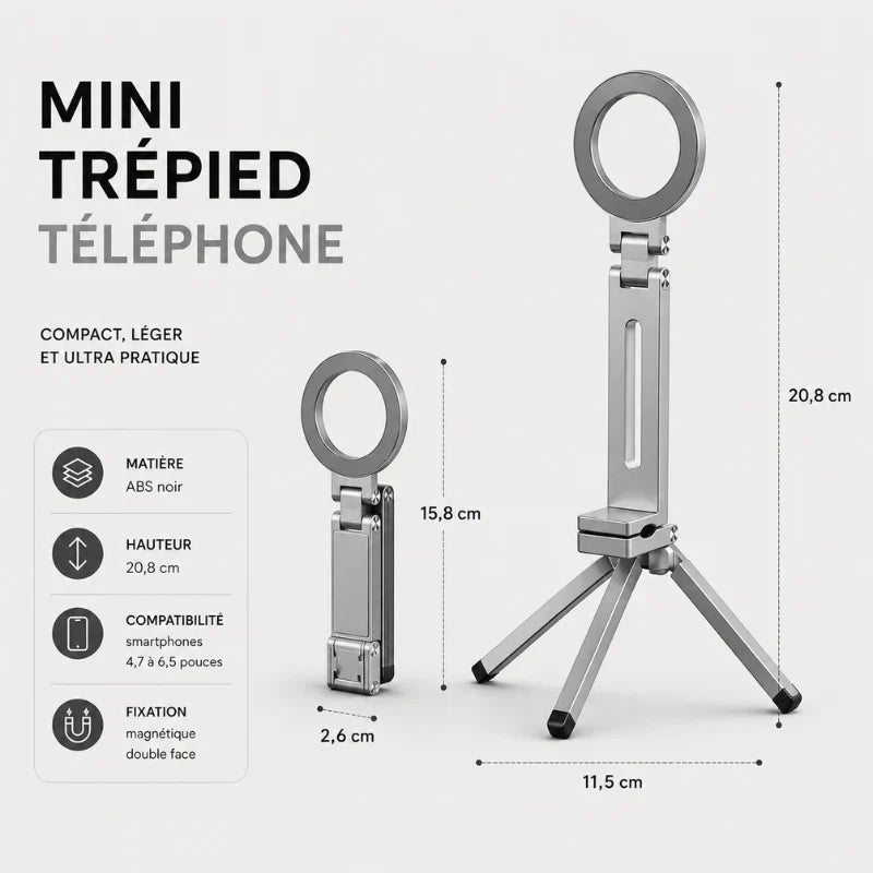 Infographie du mini trépied argenté montrant les dimensions : 15,8 cm replié et 20,8 cm déplié, avec les caractéristiques matière ABS, compatibilité smartphones 4,7 à 6,5 pouces et fixation magnétique