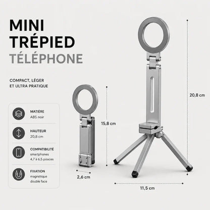 Infographie du mini trépied argenté montrant les dimensions : 15,8 cm replié et 20,8 cm déplié, avec les caractéristiques matière ABS, compatibilité smartphones 4,7 à 6,5 pouces et fixation magnétique