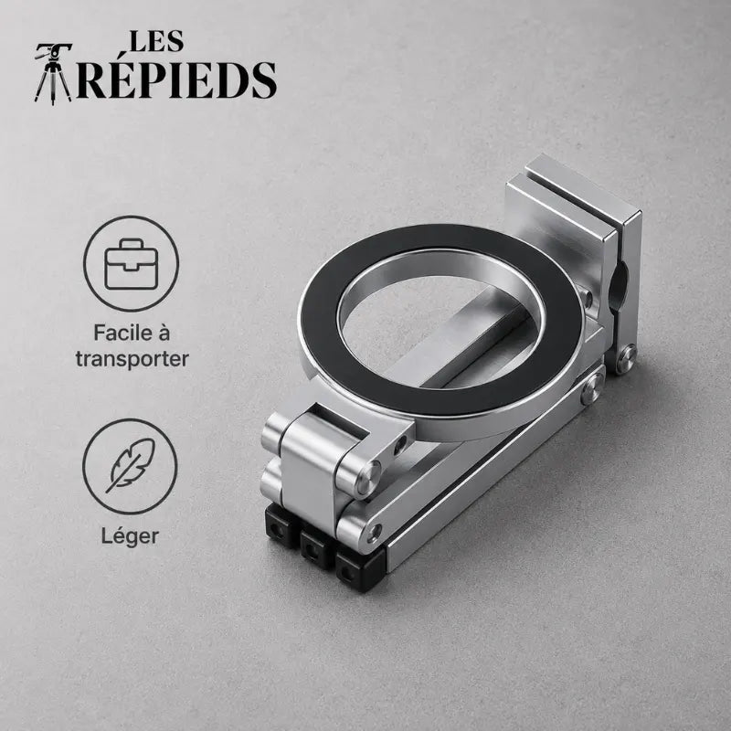 Mini trépied argenté replié à plat sur fond gris, montrant sa compacité, avec les mentions facile à transporter et léger