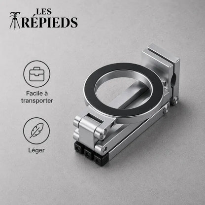 Mini trépied argenté replié à plat sur fond gris, montrant sa compacité, avec les mentions facile à transporter et léger