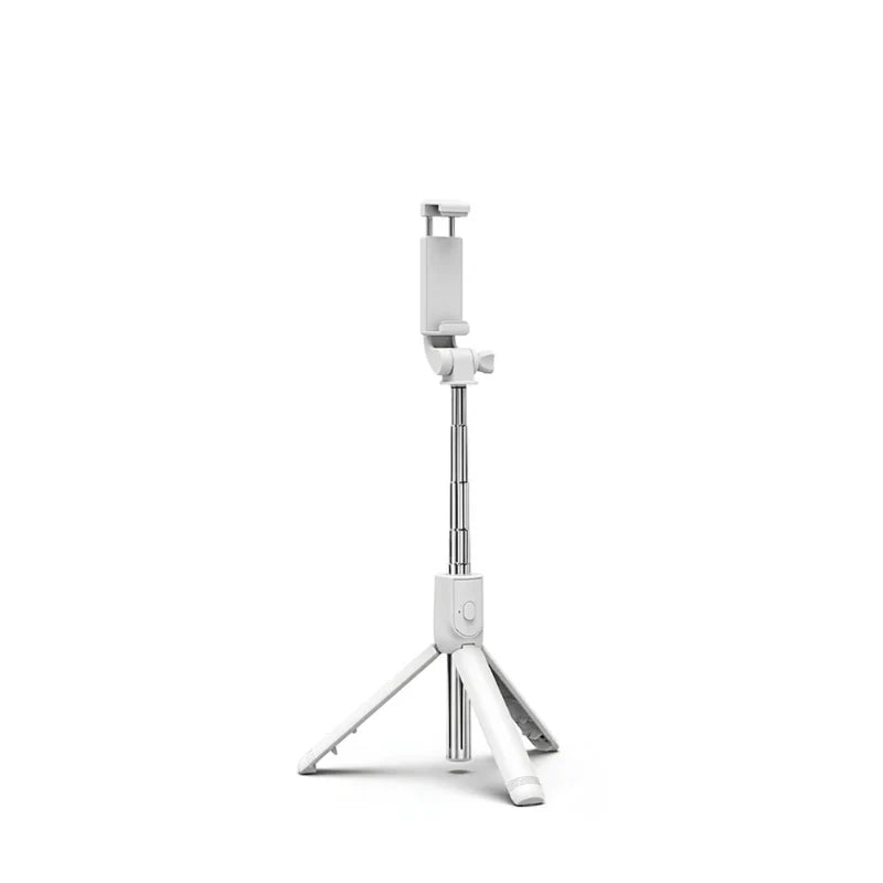 Mini trépied perche selfie blanc 70 cm extensible avec support téléphone blanc en haut, tige télescopique argentée, trois pieds déployés, sur fond blanc