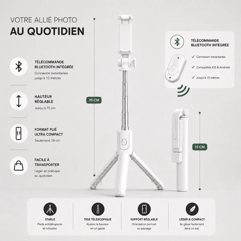 Infographie mini trépied blanc 70 cm : télécommande Bluetooth intégrée jusqu a 10 m, hauteur réglable 70 cm, format plie 19 cm, facile a transporter - 4 avantages : stable, tige télescopique, support réglable, léger et compact