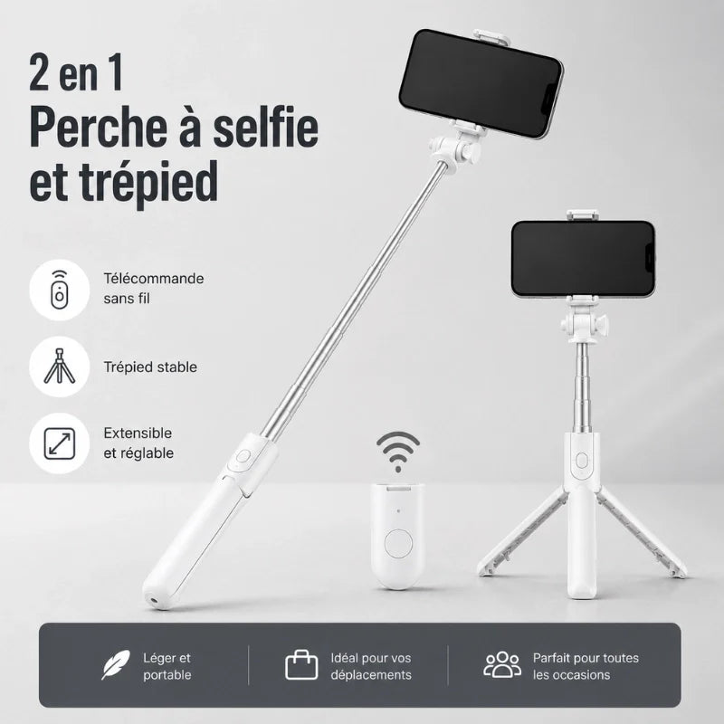 Infographie mini trépied 2 en 1 blanc perche a selfie et trépied avec télécommande sans fil, trépied stable, extensible et réglable - léger et portable, idéal pour déplacements, parfait pour toutes occasions