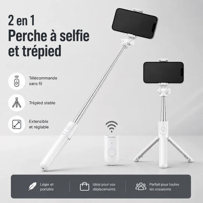 Infographie mini trépied 2 en 1 blanc perche a selfie et trépied avec télécommande sans fil, trépied stable, extensible et réglable - léger et portable, idéal pour déplacements, parfait pour toutes occasions