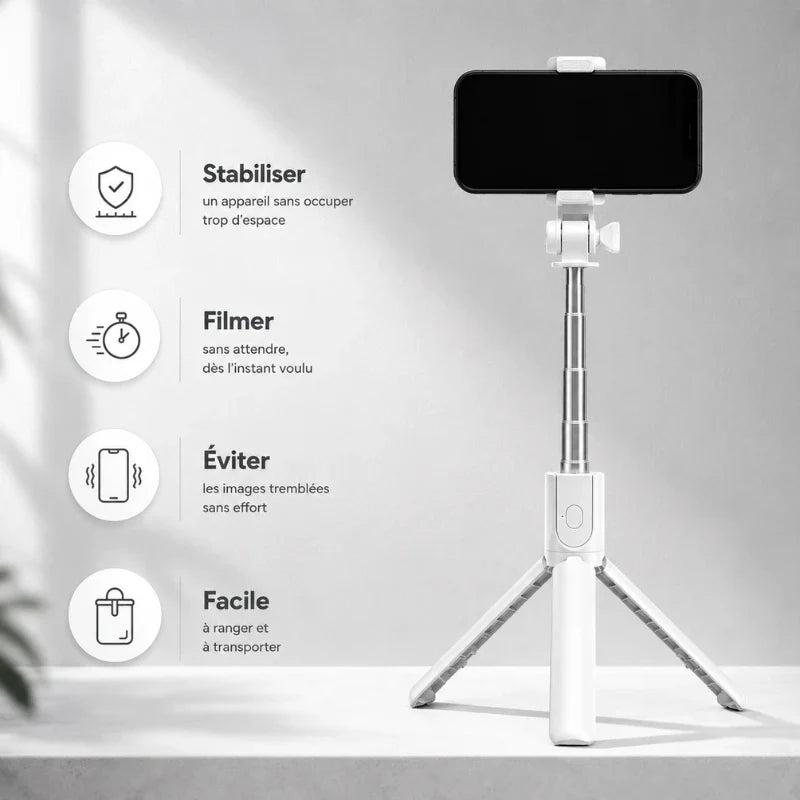 Mini trépied perche selfie blanc avec smartphone fixé en mode portrait - infographie 4 avantages : stabiliser sans occuper trop d espace, filmer sans attendre, eviter images tremblees, facile a ranger et transporter