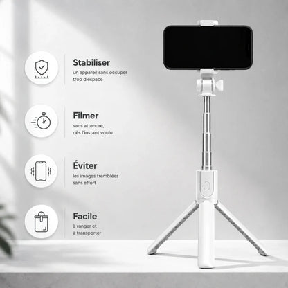 Mini trépied perche selfie blanc avec smartphone fixé en mode portrait - infographie 4 avantages : stabiliser sans occuper trop d espace, filmer sans attendre, eviter images tremblees, facile a ranger et transporter