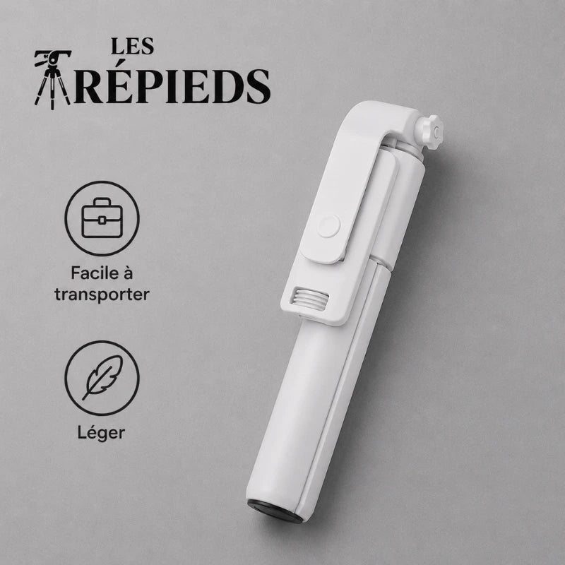 Mini trépied perche selfie blanc replié en format compact - logo Les Trépieds - infographie : facile a transporter, léger